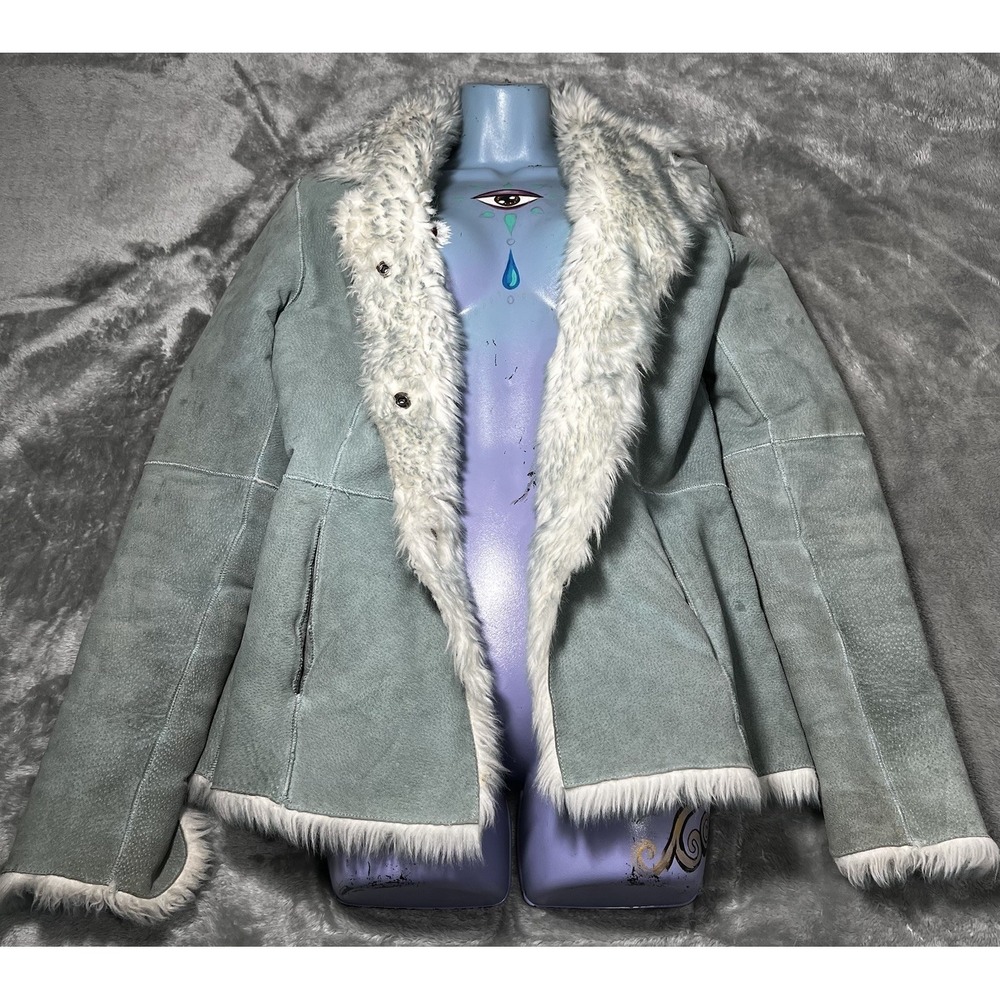 Wilsons Leather Jacket Womens Small Blue Shearling Collar Suede Snap Front Y2K